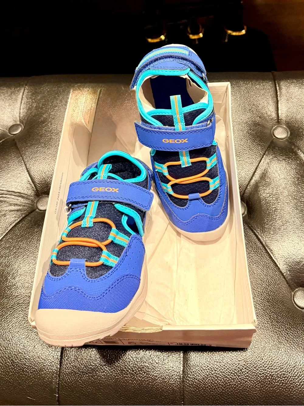 Geox Blue and Aqua Kids Hook-and-Loop Sandals with Orange Accents